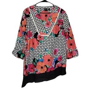 Rafaella Linen Floral Print Tab Sleeve V-neck Asymmetric Hem Blouse Women's XL